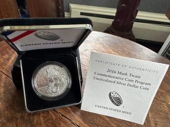 US Mint 2016 Mark Twain Commemorative Uncirculated Silver Dollar  With COA & Box