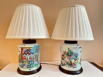 Pair Vintage Chinese Porcelain Jar Table Lamps With Shades