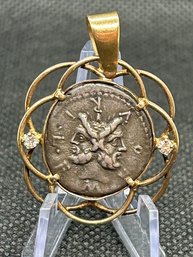 Ancient Roman JANUS SILVER DENARIUS- Bezel Set In Solid 14K Gold With Faceted Diamonds- 2150 Year Old Coin!
