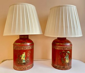 Pair Antique Red Tole Chinoiserie Tea Canister Lamps With Shades
