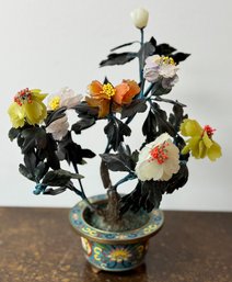 Carved Jade Flower Plant In Enamel Pot