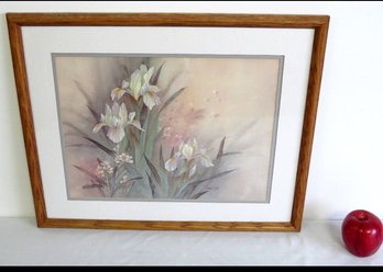 Vintage 1984 Framed Print Of Blooming Irises  - Signed Lena Liu