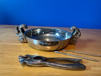 Beautiful Squirrel Nut Bowl With Squirrel Cracker And Two Picks