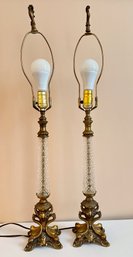 Pair Vintage Bronze Candlesticks Converted Into Table Lamps With Crystal Shafts