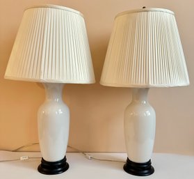 Pair Vintage Ceramic Table Lamps With Wood Bases & Shades