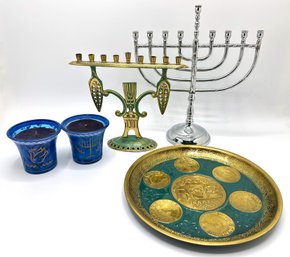 2 Menorahs, Seder Plate & 2 New Chanukah Candles, Some Made In Israel