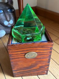 Vintage Solid Emerald Glass Ship's Deck Prism In Fitted Wooden Box