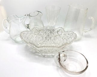 Vintage Cut Glass Crystal Bowl, 3 Glass Pitchers, Small Heavy Glass Bowl & Goblet