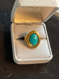 Vintage Gold-Toned Sterling Turquoise Cabochon Ring Classic Southwestern Style In Gift Box