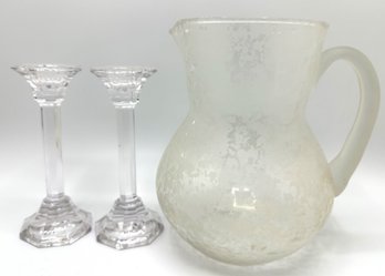 Pair Villeroy & Boch Crystal Candlesticks & Villeroy & Boch Monsoon Pitcher