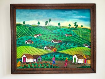 An Original Vibrant Haitian Folk Art - Island Landscape - Signed C. Glaudin - Framed - 23 X 19