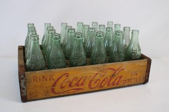 Vintage Yellow Coca - Cola Bottle Crate Full Of 24 Green Bottles