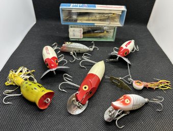 Early Ca. 1950s/60s Vintage Fishing Lures- Rapala, Rebel, Heddon, Jitterbugs . . .plus NOS Pflueger Reel Oil
