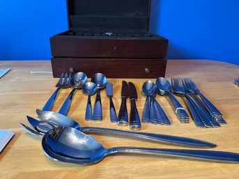 Wood Flatware Box W/ Partial Set Waterford Stainless & More