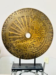 Vintage Etched Brass Accent Piece Bi Disk Of Life On Stand