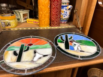 2 Southwest Cactus Stained Glass  Hangers