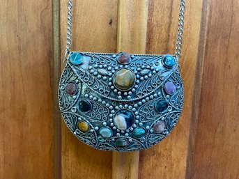 Petite Filigree Metal Purse With Polished Stone Enhancements