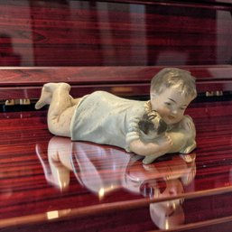 Antique German Heubach Style Delicate Hand Painted Bisque Piano Baby Figurine  Boy With Pug Dog