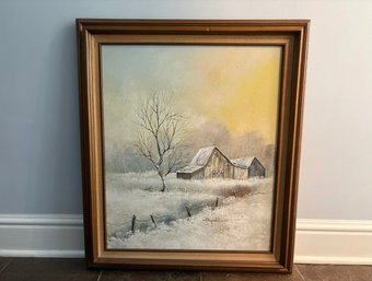 Vintage Framed Oil Painting Of Vermont Barn In Winter, Signed