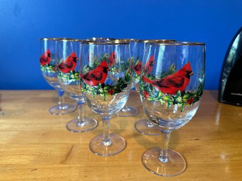 Set Of 7 Red Bird Wine Glasses With Gold Rims