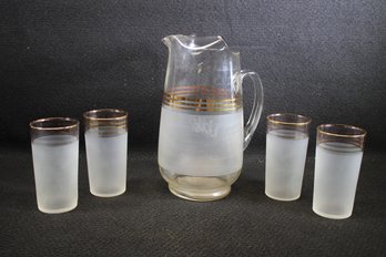 Mid Century Glass Pitcher And Four Matching Glasses - See Description
