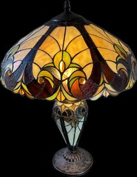 Tiffany Style Stained Glass Table Lamp W/ Jewel Accents & Matching Mosaic Base
