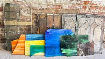 3 Vintage Stained Glass Windows & 10 Colored Glass Sheets