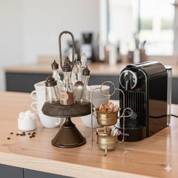 Coffee Bar Pedestal Caddy With Six Glass Cruets Perfect For Flavored Syrups And Two Tiered Stand For Sugar