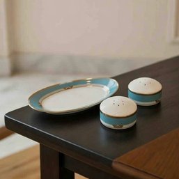 ERTE Le Soleil Turquoise Salt And Pepper And Oval Dish Art Deco Revival  24k Gold Accents