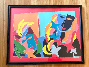 An Original Paper Collage - Signed Simon Jeruchim - Vibrant Masks - Framed - 30 X 24