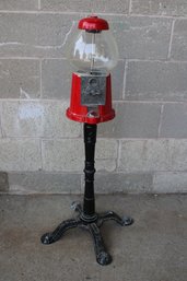 Vintage Red Metal Gumball Machine And Metal Stand