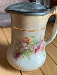 Antique Circa 1900 Art Nouveau Floral Decorated Cream Pitcher With Pewter Lid