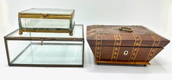 2 Vintage Glass Display Case Jewelry Boxes & Wood Inlay Jewelry Box