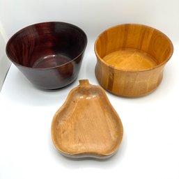 3 Wood Bowls: William Sonoma, Pear & Silverplate Base