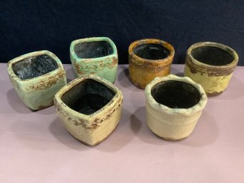 Mixed Crackled Pottery Planters Lot Of 6