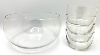 Large Glass Salad Serving Bowl & 4 Small Bowls
