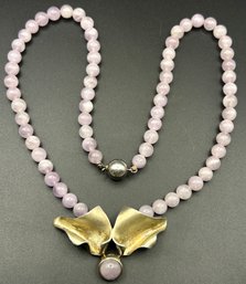 Artist Signed Vintage Sterling Silver Rose Quartz Statement Necklace