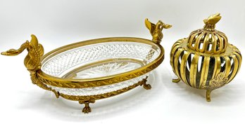 Vintage Crystal Bowl With Swan Ormolu Handles & Vintage Japanese Incense Burner With Butterfly Lid, Signed
