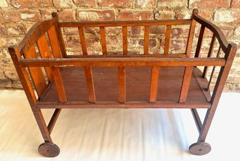 Vintage Hand Made Wood Baby Crib On Wheels