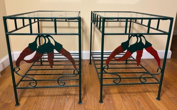Pair Of Green Metal Glass Top Side Tables