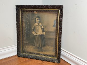 Antique Victorian Portrait Of Child In Ornate Wooden Frame