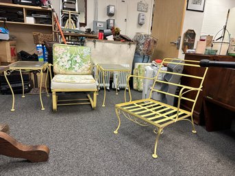 Two  Vintage  Yellow Metal Chairs With Cushions And One Ottoman