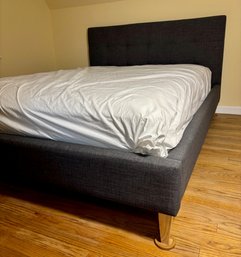 Queen Platform Bed With Linen Look Tufted Headboard