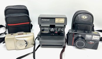 3 Vintage Cameras: Poloroid OneStep, Nikon Zoom Touch 500 With Bag & Olympus Stylus Epic Zoom 170 With Bag
