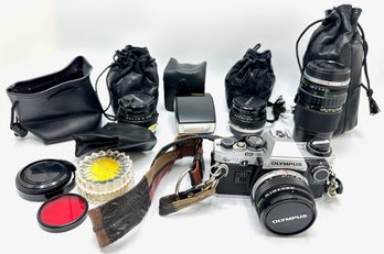 Vintage Olympus OM10 SLR Camera, Olympus Lenses & Flash With Bags & Accessories