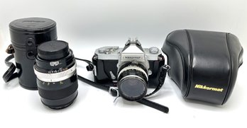 Vintage Nikon Nikkormat SLR Camera In Velvet Lined Case & Nikon Lens In Case