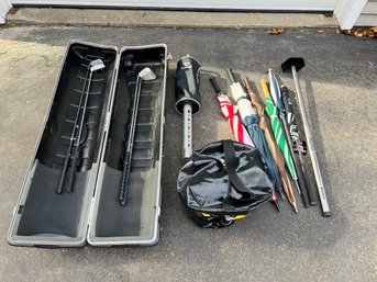 Lot Of Golf Accessories Including Impact Bag, Umbrellas, Hard Case, And More