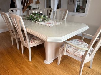 Beautiful Master Design Furniture Light Blonde Wood Pedestal Dining Table With Six Floral Upholstered Chairs