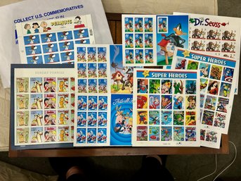 Lot Of 9 Mint Comic And Cartoon Character  Stamp Sheets  Peanuts, Looney Tunes, Dr. Seuss, DC Super Heroes