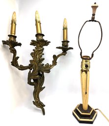 Vintage Brass Candle Sconce With 3 Faux Candles & Bone Table Lamp On Wood Base